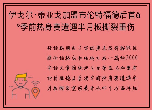 伊戈尔·蒂亚戈加盟布伦特福德后首场季前热身赛遭遇半月板撕裂重伤