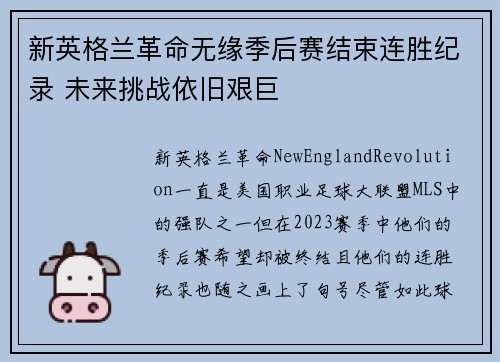 新英格兰革命无缘季后赛结束连胜纪录 未来挑战依旧艰巨